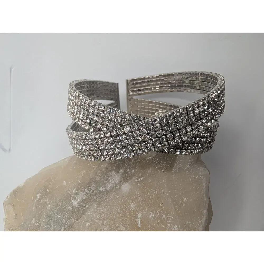Sparkling Rhinestone Crystal Wide Cuff Bracelet Silver Tone Fashion Jewelry Wrap